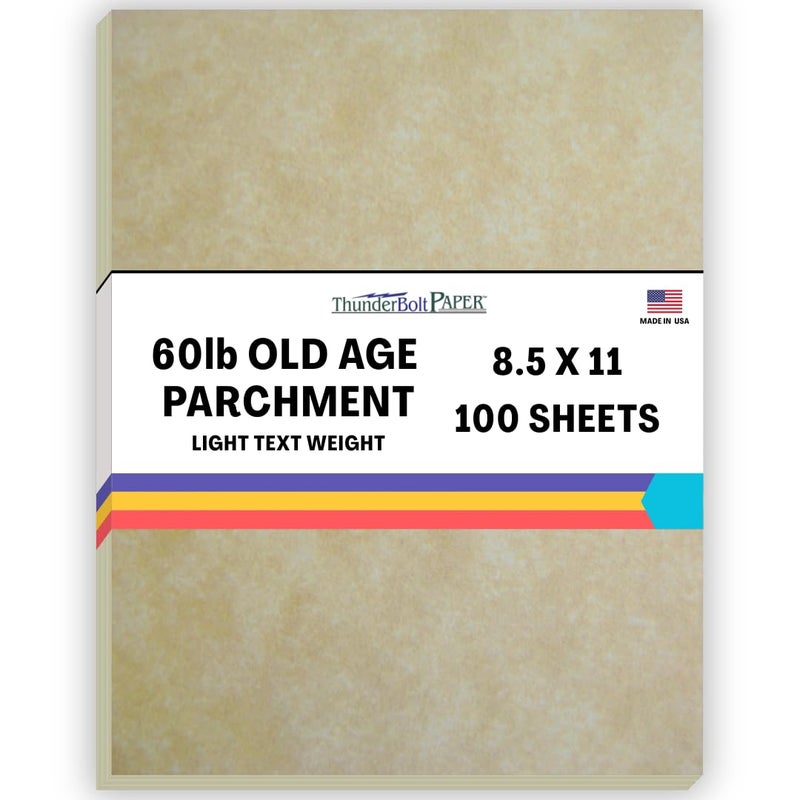 ThunderBolt Paper 100 Old Age Parchment Paper for Writing - 60# Text (=24# Bond) Sheets - 8.5 X 11 Inches Standard Letter Flyer Size - Not Card Weight - Vintage Colored Old Parchment Look - Image 1